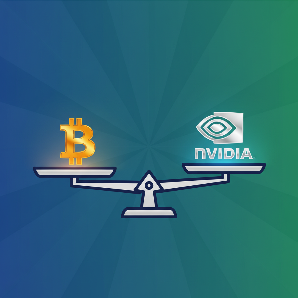A balanced scale with Bitcoin logo on one side and Nvidia logo on the other, symbolizing a comparison of investments, clean infographic style, high contrast, gradient blue and green background, no text