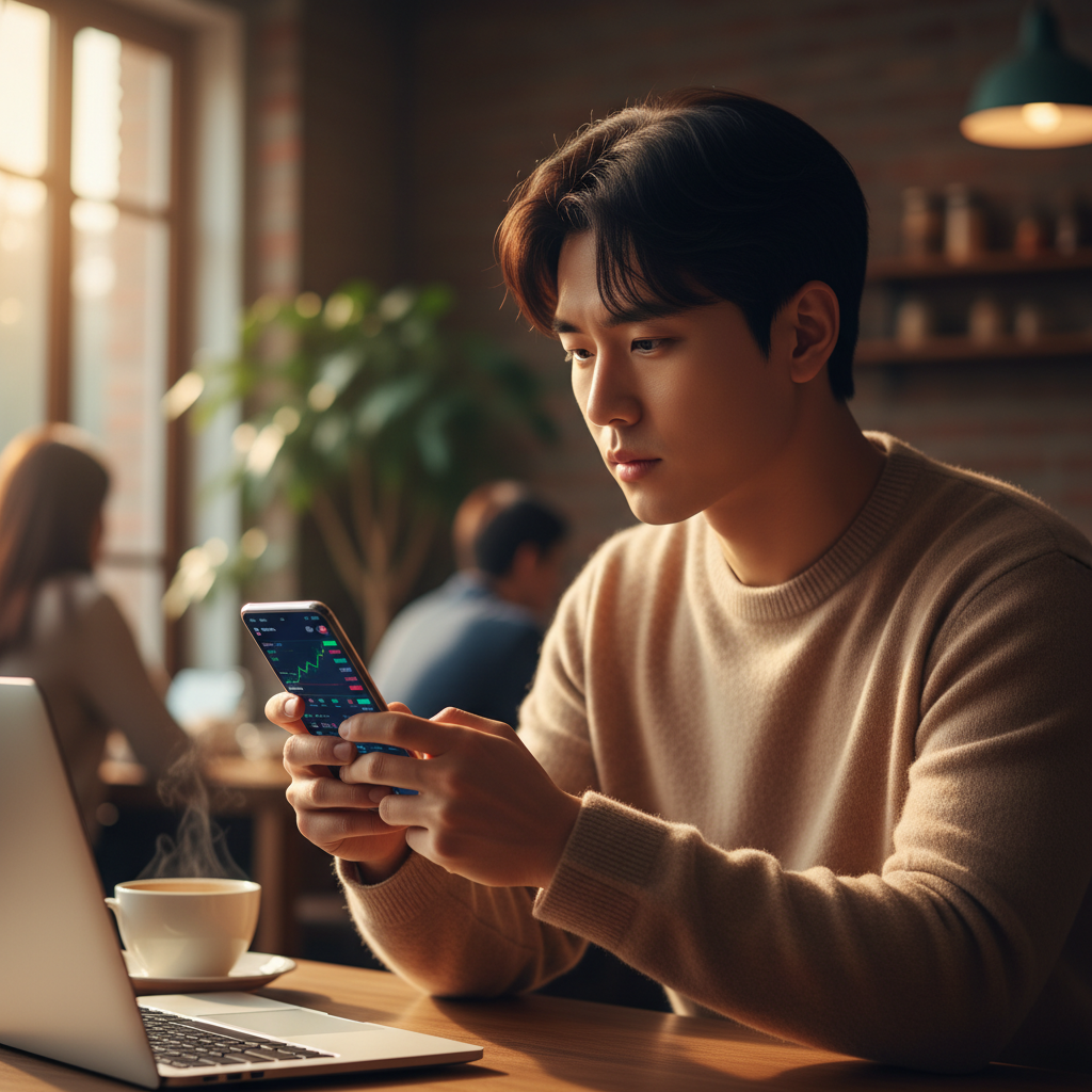 A young Korean investor checking cryptocurrency prices on a smartphone, warm lighting, natural lifestyle photography, rich colors, no text