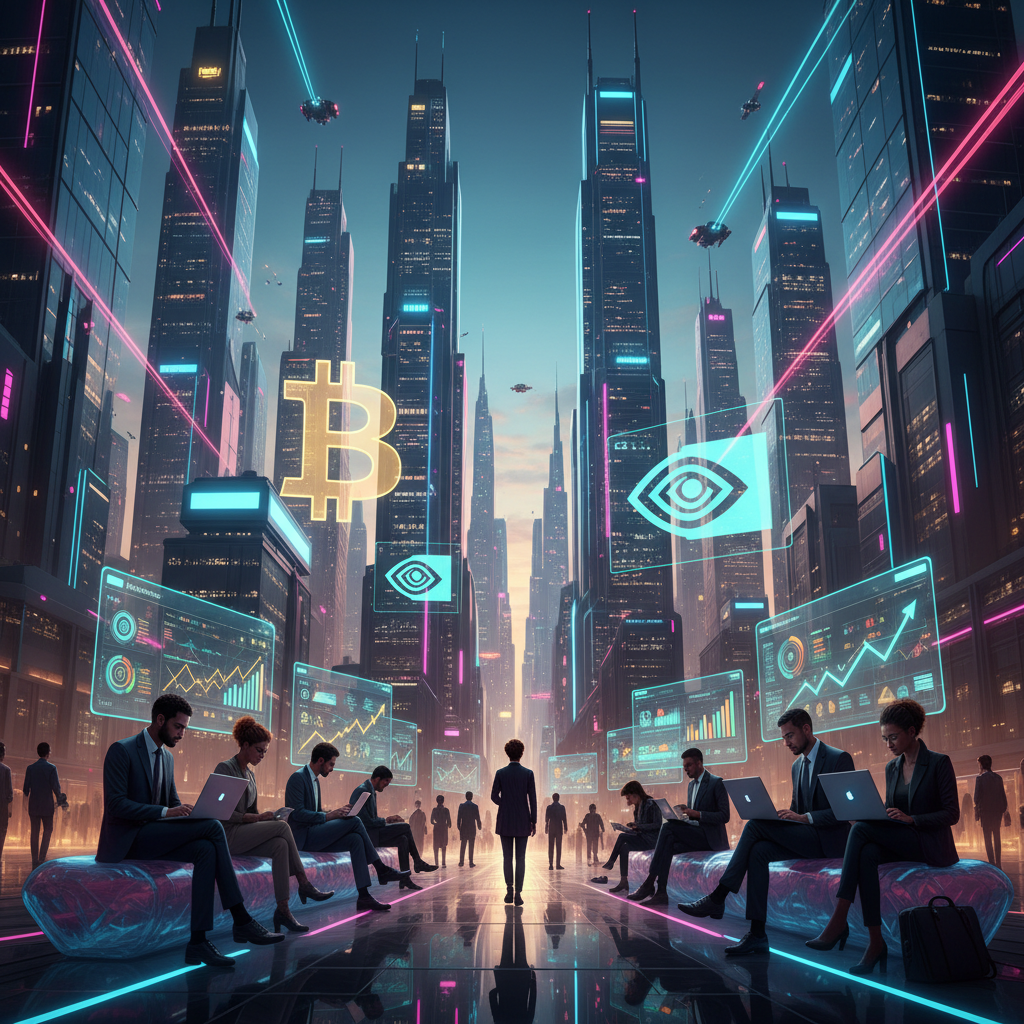 People exploring investment information on laptops and smartphones in a futuristic city with floating Bitcoin and Nvidia logos, clean infographic, vibrant lighting, glowing city lights, no text