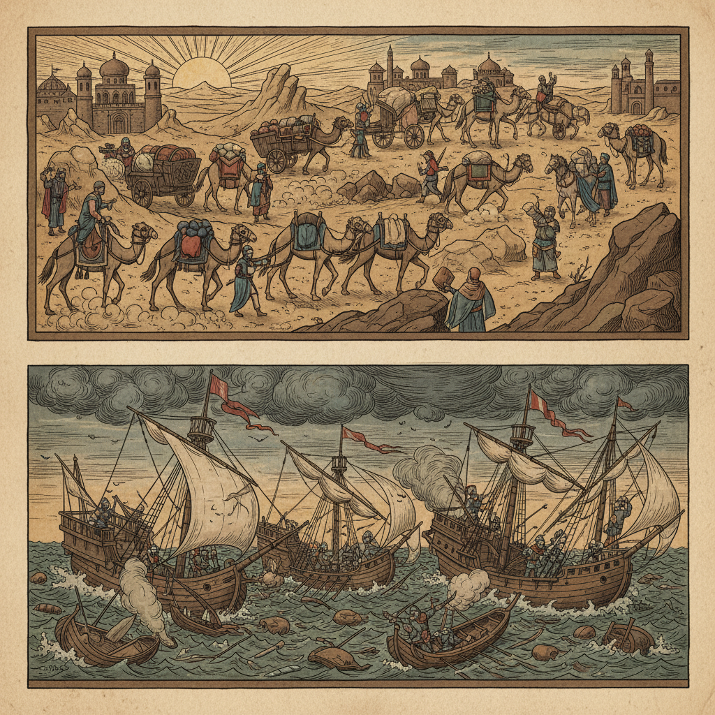 A detailed illustration showing contrasting scenes: ground-based transportation for trade and traditional naval battles, indicating the absence of air power. Historic illustration style, textured background. No visible text.