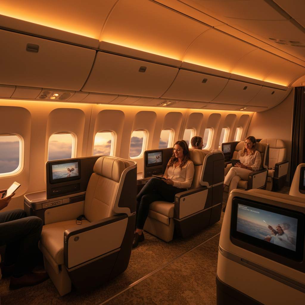 Modern airplane cabin interior, comfortable seating, warm lighting, lifestyle photography, no text