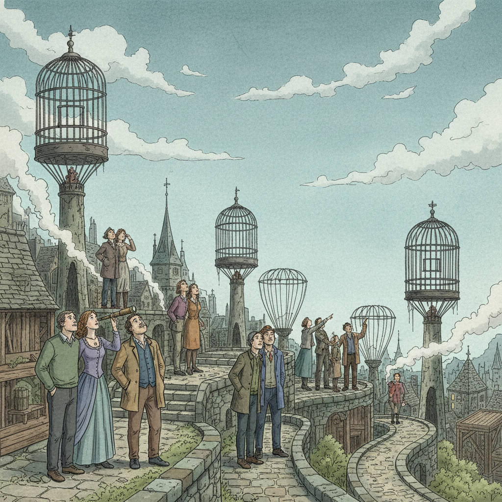 An illustration depicting a world where air travel is non-existent. People look up at the sky with longing or frustration. Muted colors, artistic rendering, textured background. No visible text.