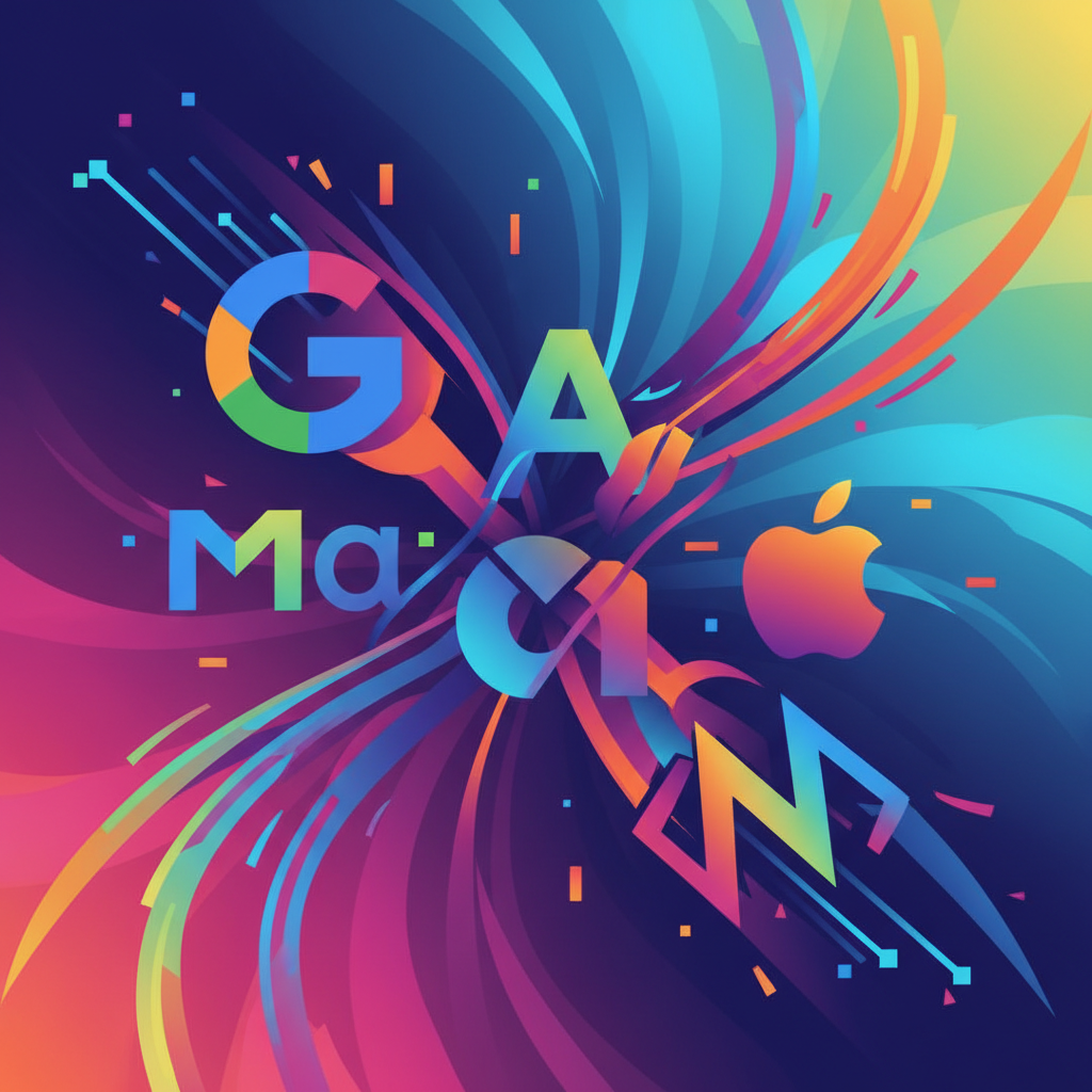 Abstract illustration showing several large tech companies competing in AI, dynamic lines, vibrant colors, gradient background, no text, 1:1 aspect ratio