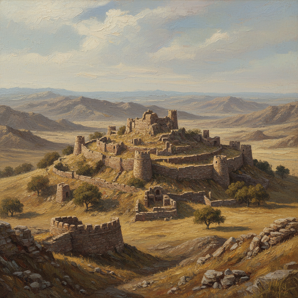 Distant view of the fortified ancient city of Sahr-i-Bahlol, ruins of stone walls, historic landscape, textured artistic style, detailed composition, no text