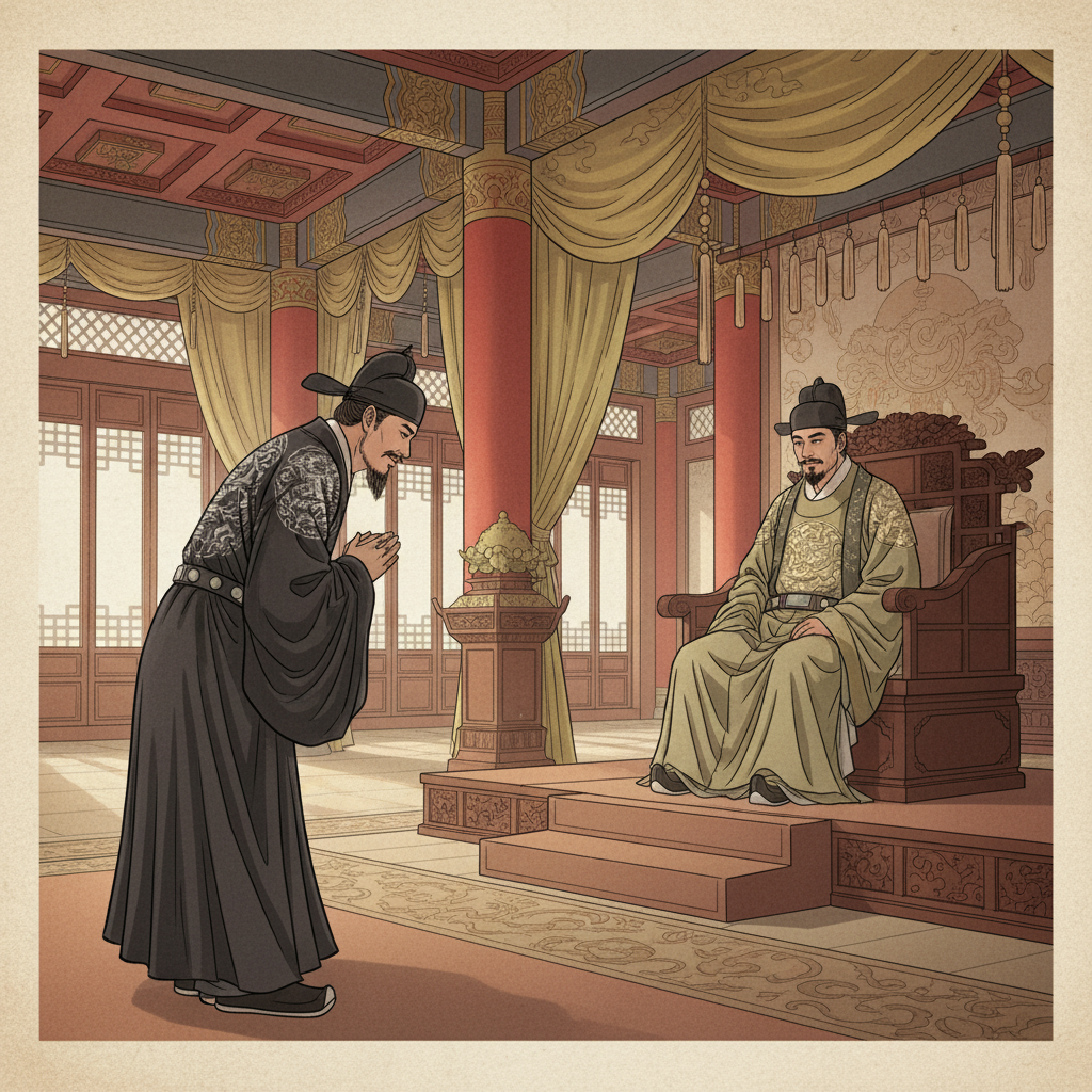 An artistic rendering of Sima Yi bowing respectfully to Cao Shuang, with a serene yet thoughtful expression, inside a grand Wei dynasty palace, historical illustration, textured background, bright and balanced lighting, no visible text, Korean appearance