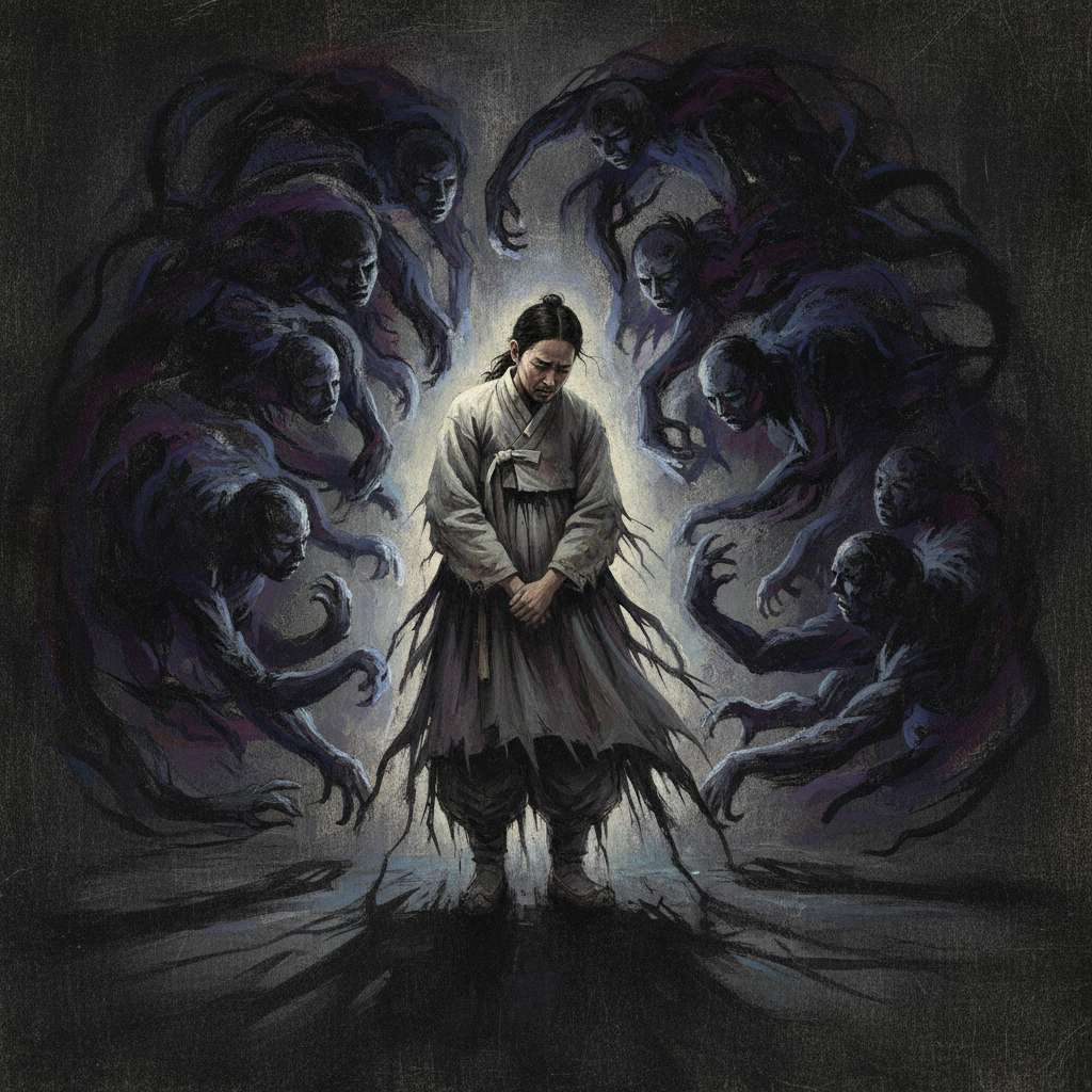 Artistic rendering, textured background, a single figure (Korean appearance) looking overwhelmed by shadows or indistinct figures representing obstacles and challenges, conveying a sense of isolation and despair, dark colored background, no text.