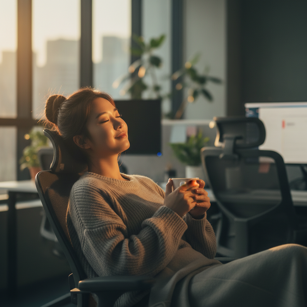A realistic depiction of a Korean woman taking a break in an office setting, looking tired but trying to relax, warm lighting, office background, no text