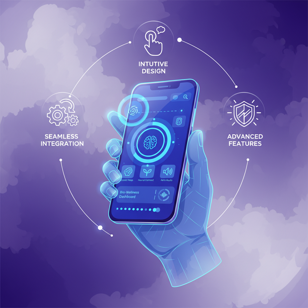 An infographic illustrating a hand holding a futuristic smartphone, displaying various innovative UI elements and apps. Surrounding the phone are icons representing seamless integration, intuitive design, and advanced features. The background is a soft, textured purple and white, full frame, no text, clean infographic, modern layout, high contrast.