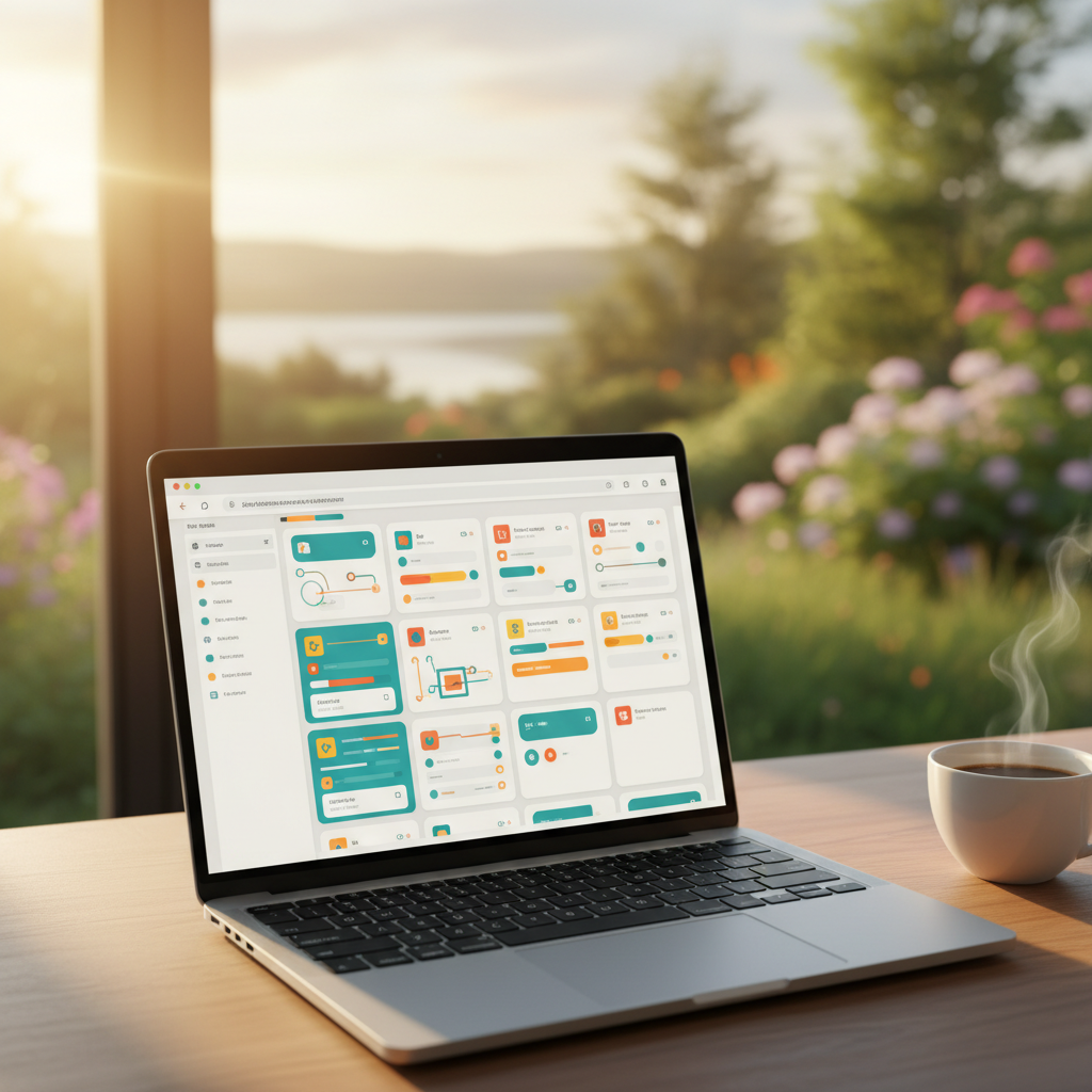 A clean and modern user interface of a web application builder on a laptop screen, colorful design elements, warm lighting, natural setting, no text