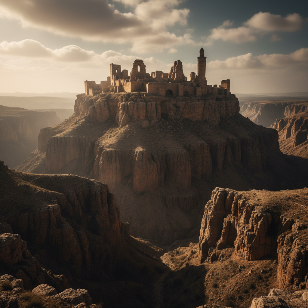 Dramatic view of the ruins of Al Qal'a of Beni Hammad on a high plateau, surrounded by deep gorges, high contrast, atmospheric lighting, no text