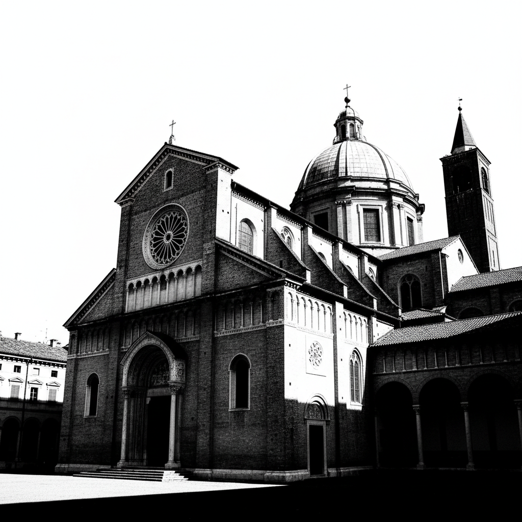 High contrast photography of the exterior of Church and Dominican Convent of Santa Maria delle Grazie in Milan Italy, clear blue sky, artistic rendering, no text