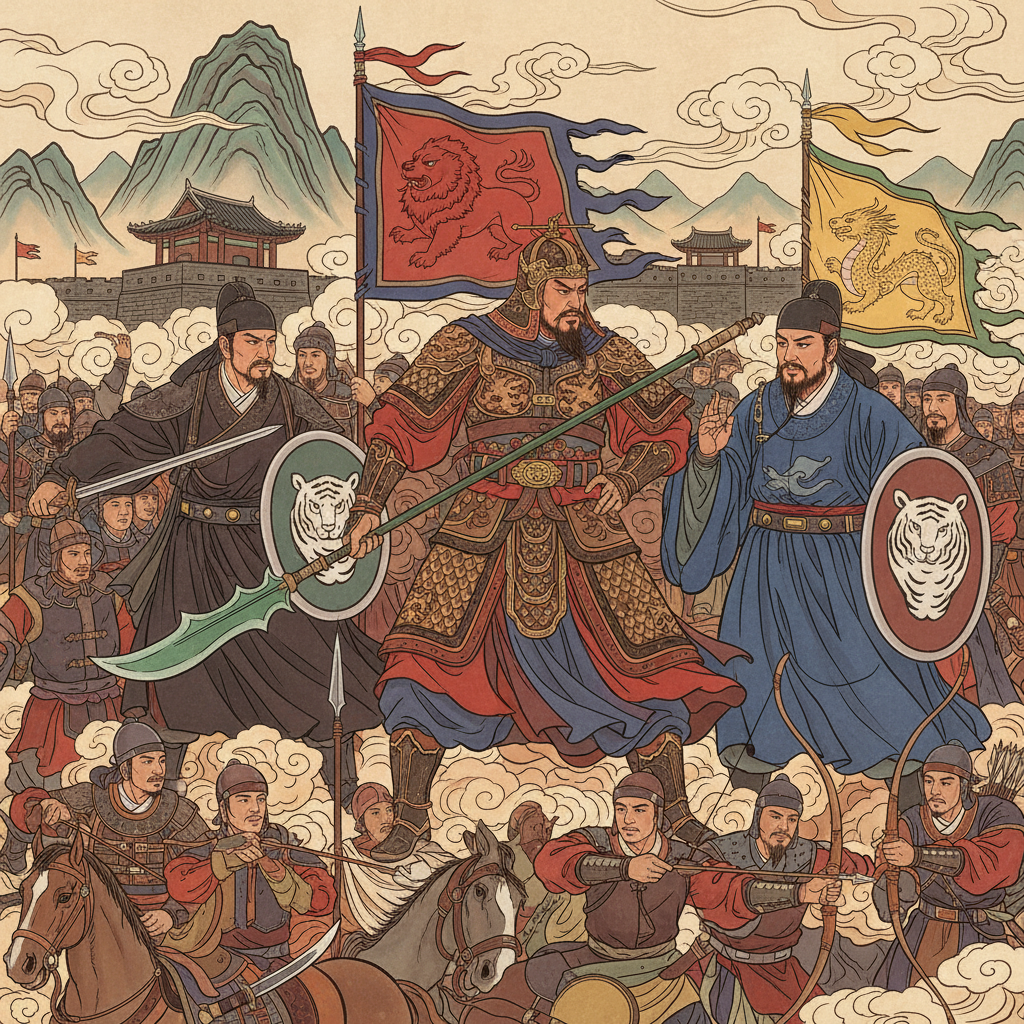 An intricate illustration showing various figures from the Three Kingdoms period in a tense standoff, each representing different factions, dynamic composition, historical art style, rich colors, no visible text, Korean appearance