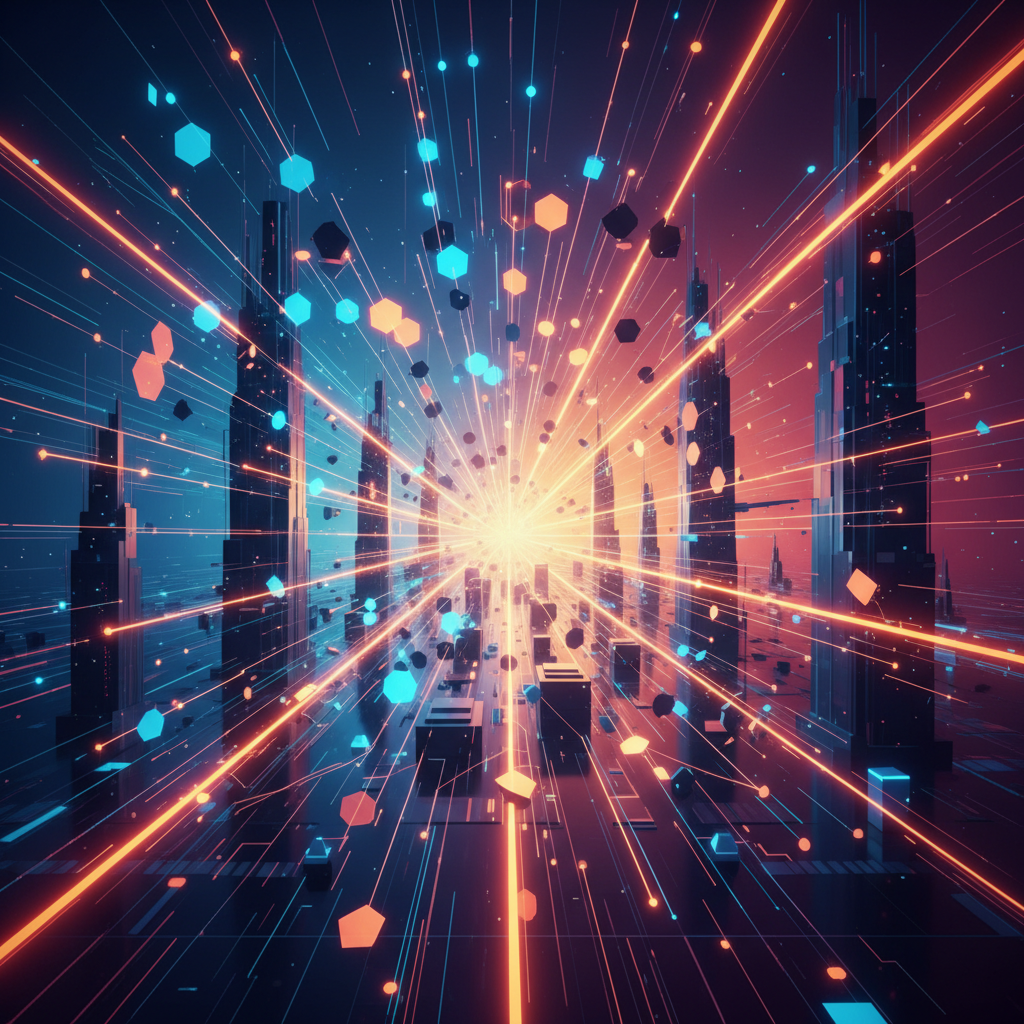 A vibrant, futuristic internet scene where information flows freely, abstract elements representing data and connectivity, clean lines, high contrast, warm lighting, colored background, no text