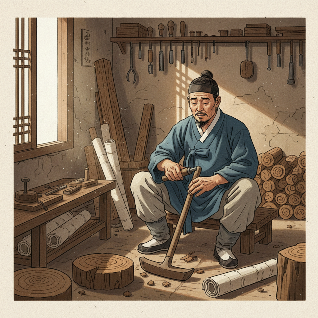 An illustration depicting a traditional Korean workshop, but with a noticeable absence of advanced scientific instruments like a rain gauge or celestial globe. A lone Korean artisan is working on a simple tool, perhaps showing a lack of collaborative innovation. Style: artistic rendering, textured background, slightly somber tones. No visible text. Korean appearance. Bright, balanced lighting.