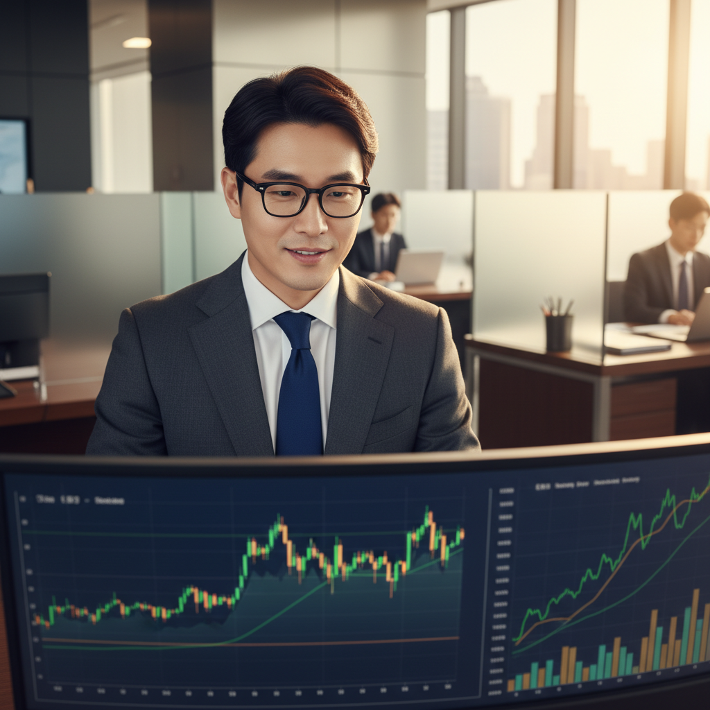 A professional investor looking at a financial screen with rising lines, warm office lighting, modern financial setting, Korean male in professional attire, 4:3 ratio, no text