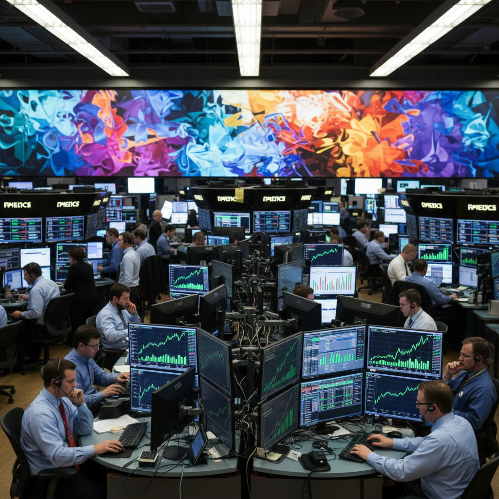 A dynamic stock market trading floor in New York with traders working in front of screens showing green stock trends, lifestyle photography, high contrast, colorful background, no text
