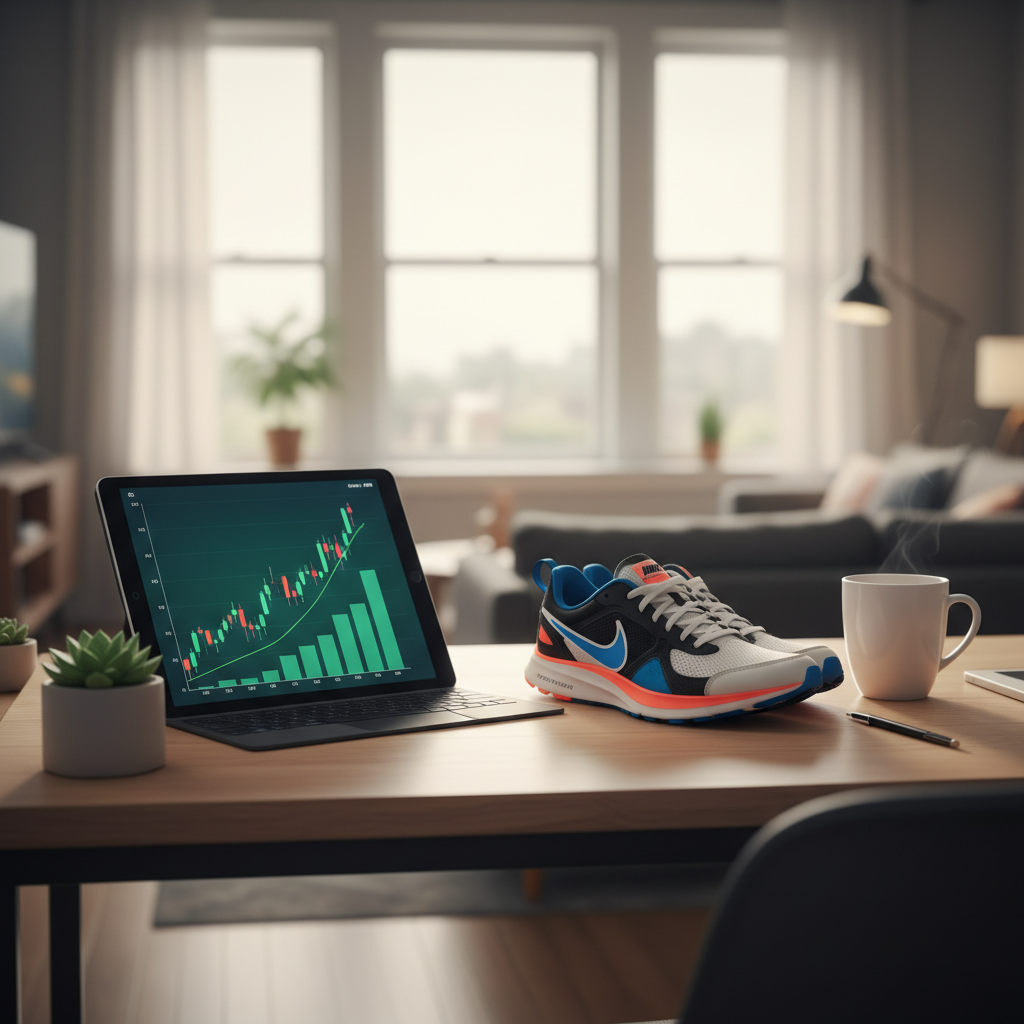 A modern desk with a tablet showing a rising stock chart and a pair of stylish Nike shoes nearby, clean lifestyle photography, rich colors, no text