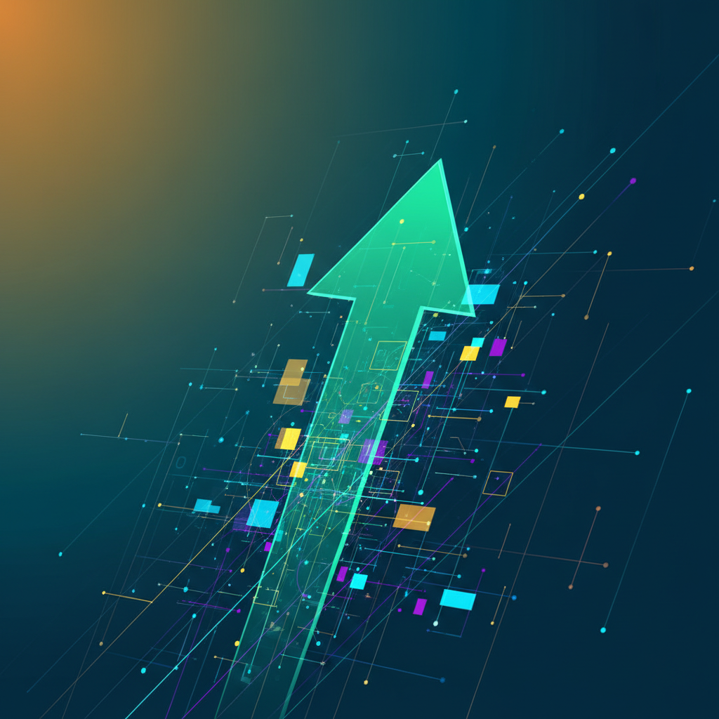 A stylized conceptual image of a green arrow pointing upwards through abstract data patterns, modern layout, high contrast, colored background, no text