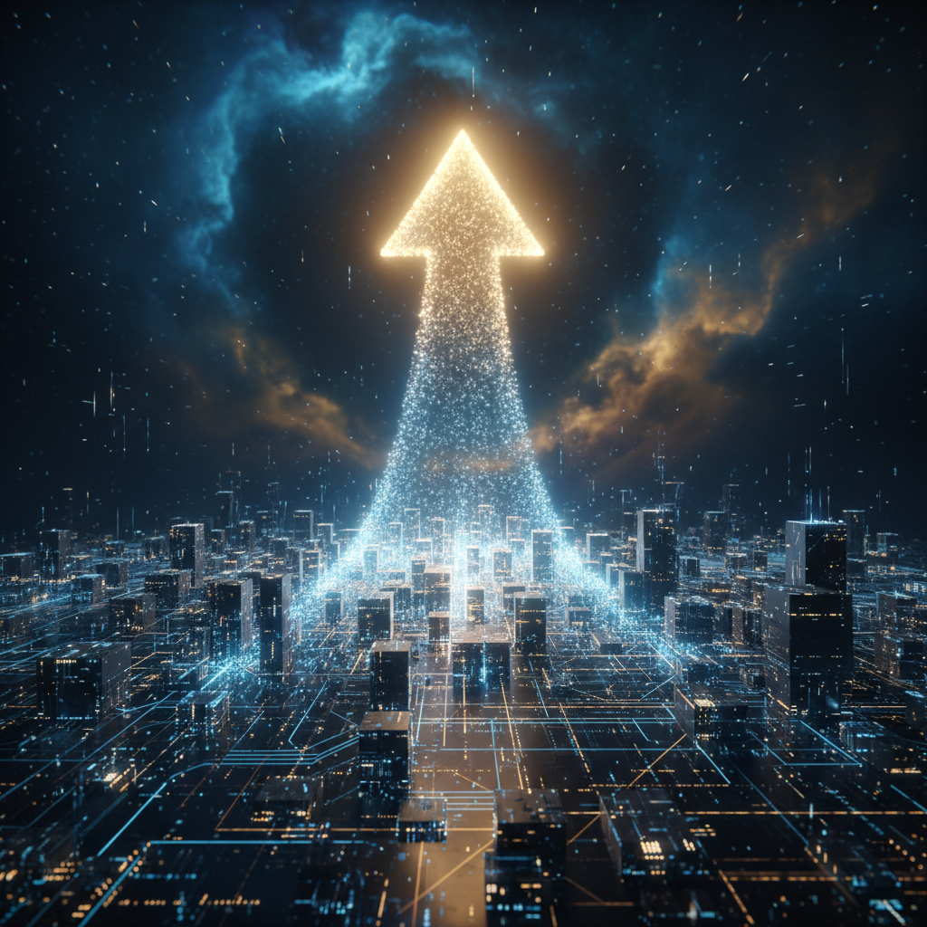 A conceptual image of a glowing arrow pointing upwards over a digital city grid, cinematic lighting, blue and gold tones, rich textures, no text