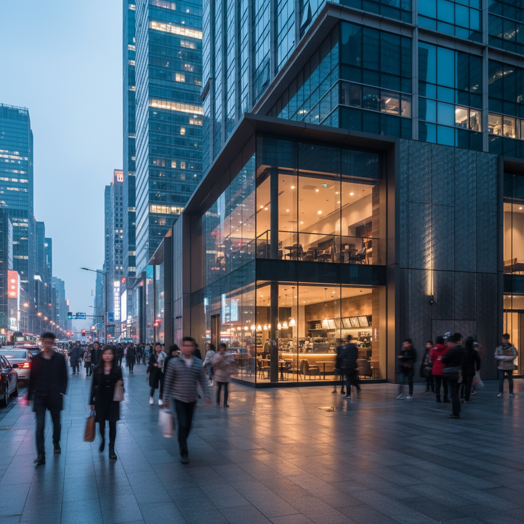 A stylish Starbucks storefront in a bustling Shanghai business district, modern architecture, city lights at dusk, professional cinematic lighting, rich textured background, no text