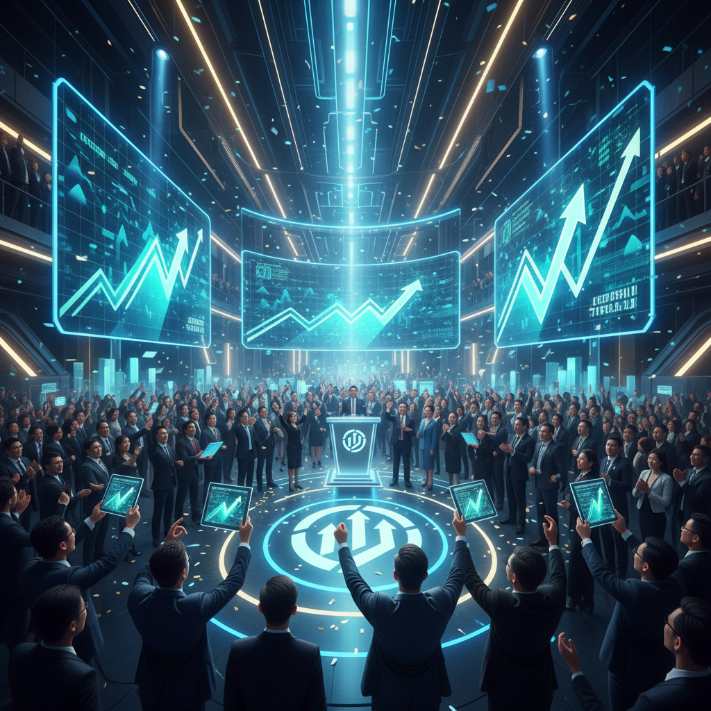 A vibrant scene of a stock market debut ceremony in Shanghai with digital displays showing soaring stock charts, enthusiastic professional crowd, high contrast modern layout, no text