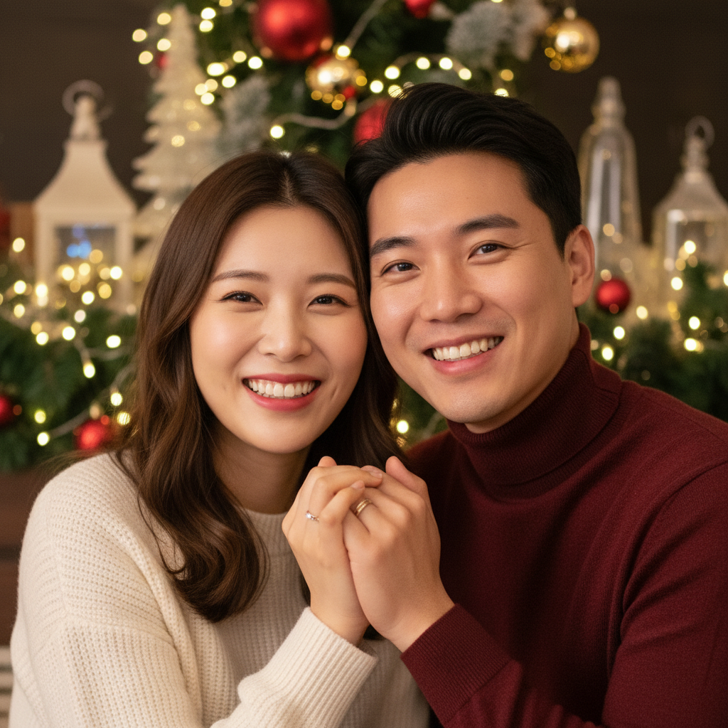 Close up of a Korean couple smiling and holding hands, festive holiday decorations in the background, warm lighting, high quality lifestyle photography, no text