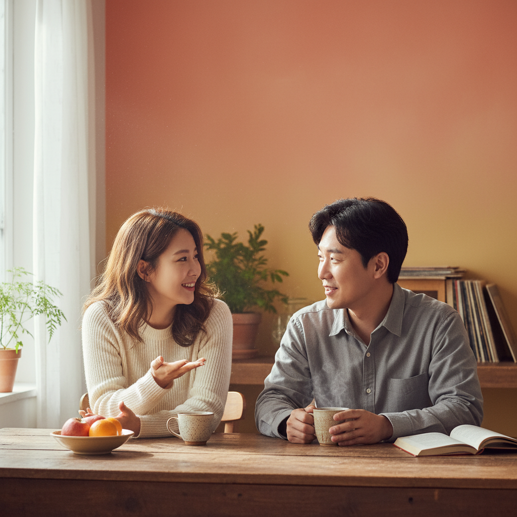 A Korean couple sitting at a table, both actively listening and engaging in conversation, warm and inviting home atmosphere, colored background, natural lighting, no text