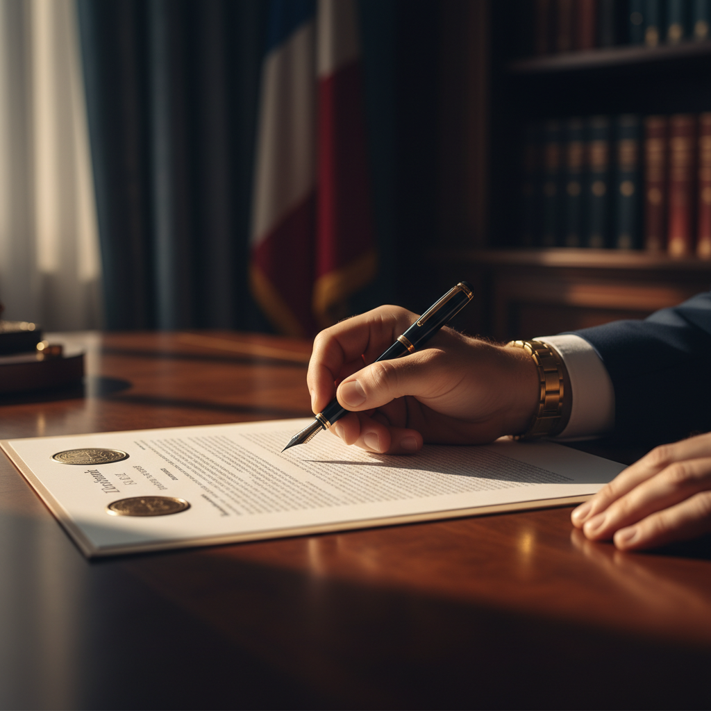 Realistic close up of a hand signing a legislative document, high contrast, warm lighting, professional office setting, colored background, no text