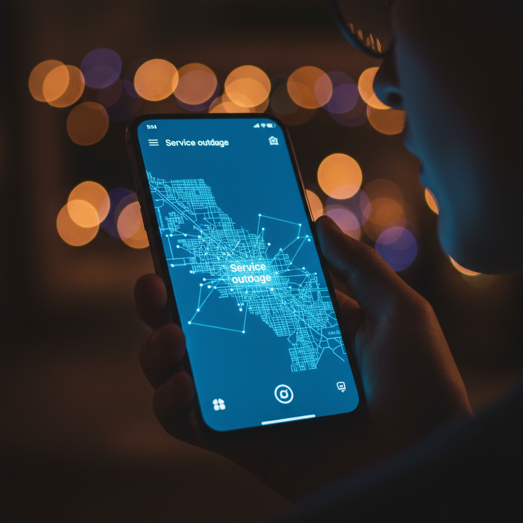 A modern smartphone screen displaying a service outage notification map of San Francisco, glowing blue interface, held by a person in a dark setting, high contrast, clean layout, rich background, no text