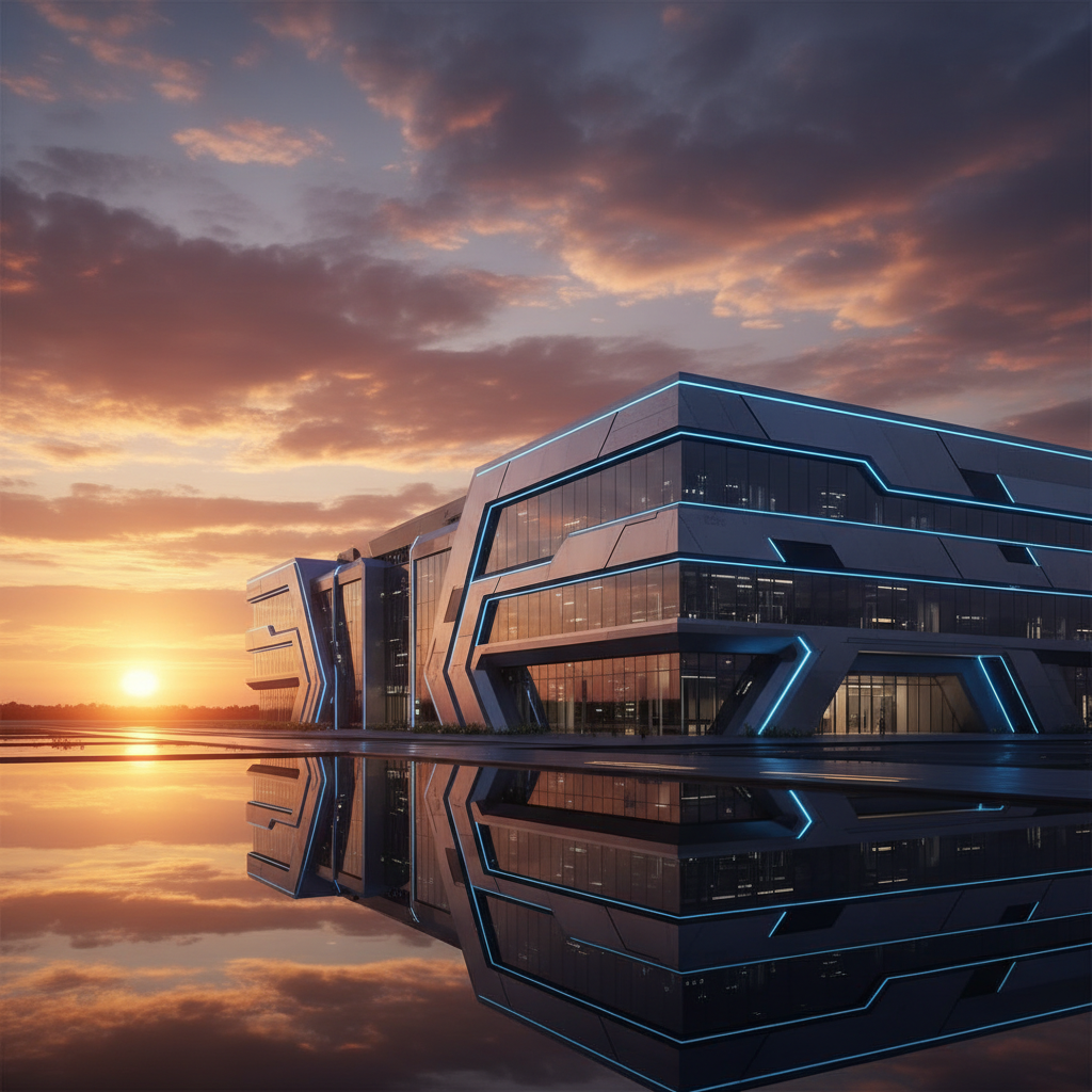 A massive modern data center building with glowing blue lights at sunset, futuristic architecture, professional photography, high contrast, warm sky background, no text