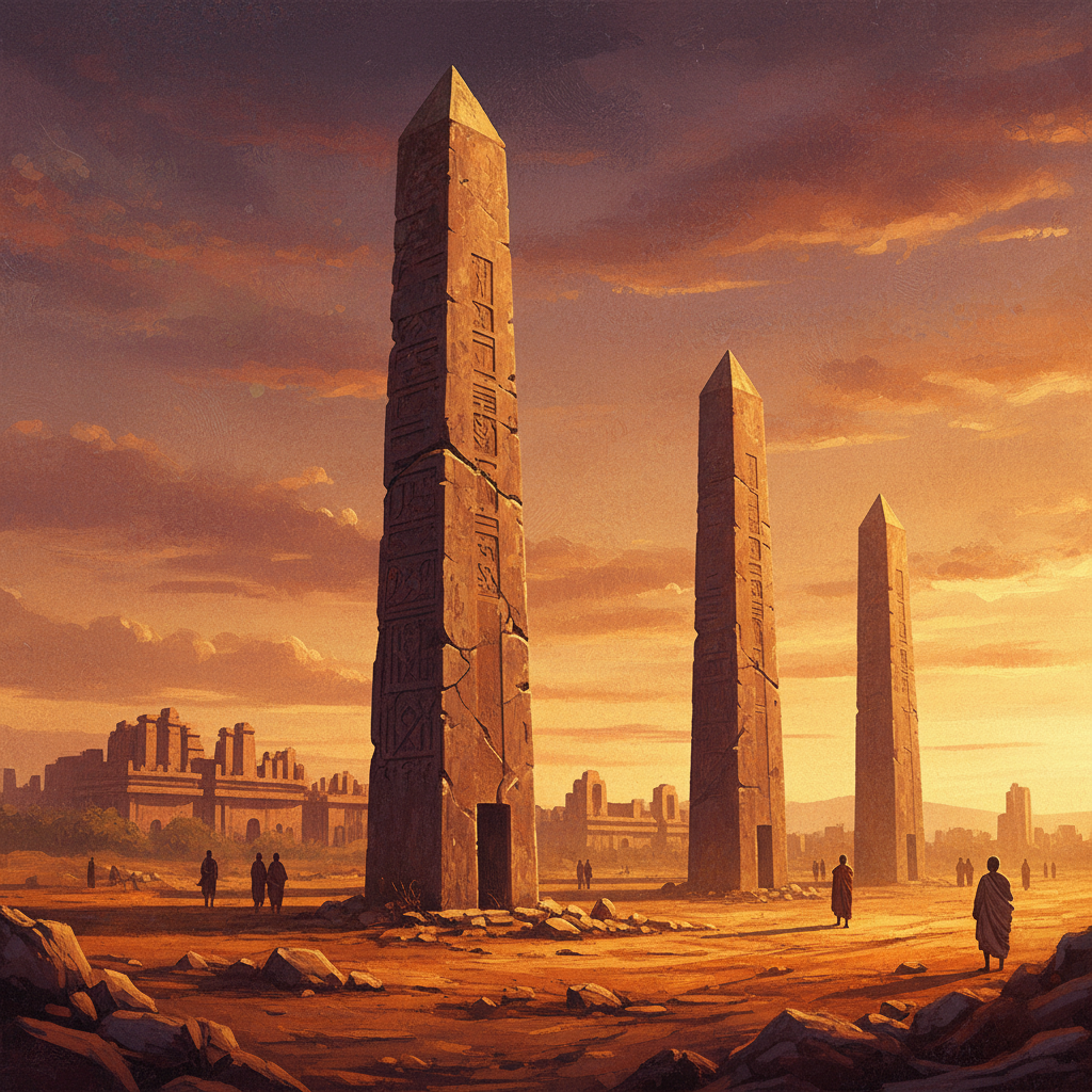 A majestic view of the ancient Aksum obelisks during sunset, artistic rendering with warm golden lighting, textured historical background, rich colors, 4:3 aspect ratio, no text