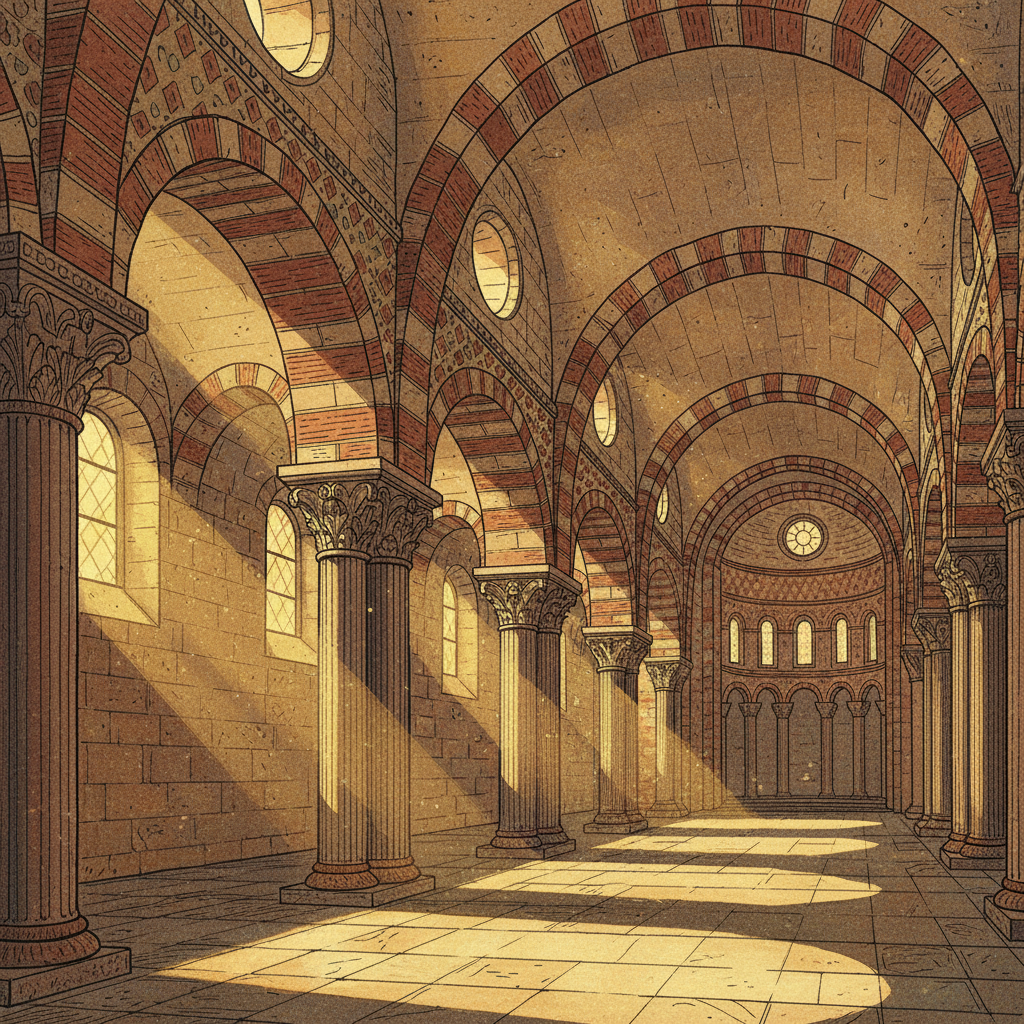 An artistic rendering of the grand interior of the Vézelay basilica, focusing on the Romanesque architecture, arches, and the play of light, textured background, illustration style, 4:3 aspect ratio, no text.