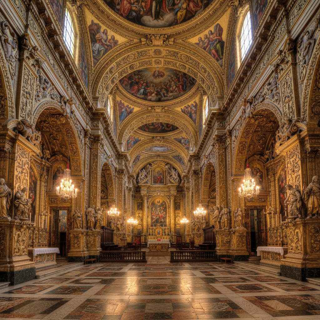 Interior of St. Johns Co-Cathedral in Valletta, baroque architecture with golden ornaments and marble floor, warm grand lighting, cinematic atmosphere, historical rendering, no text