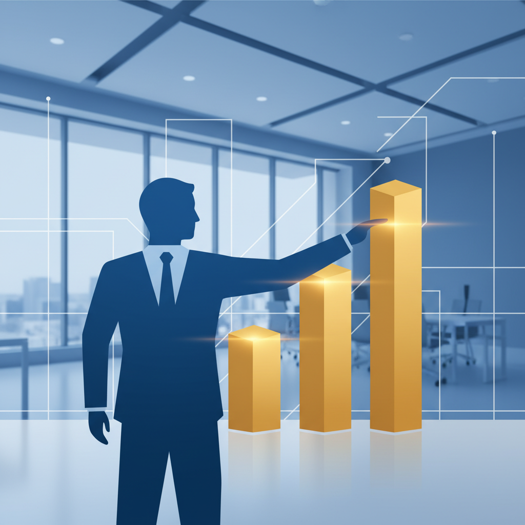 A clean infographic style image showing a businessman reaching milestones, modern corporate setting, blue and gold tones, minimal layout, no text