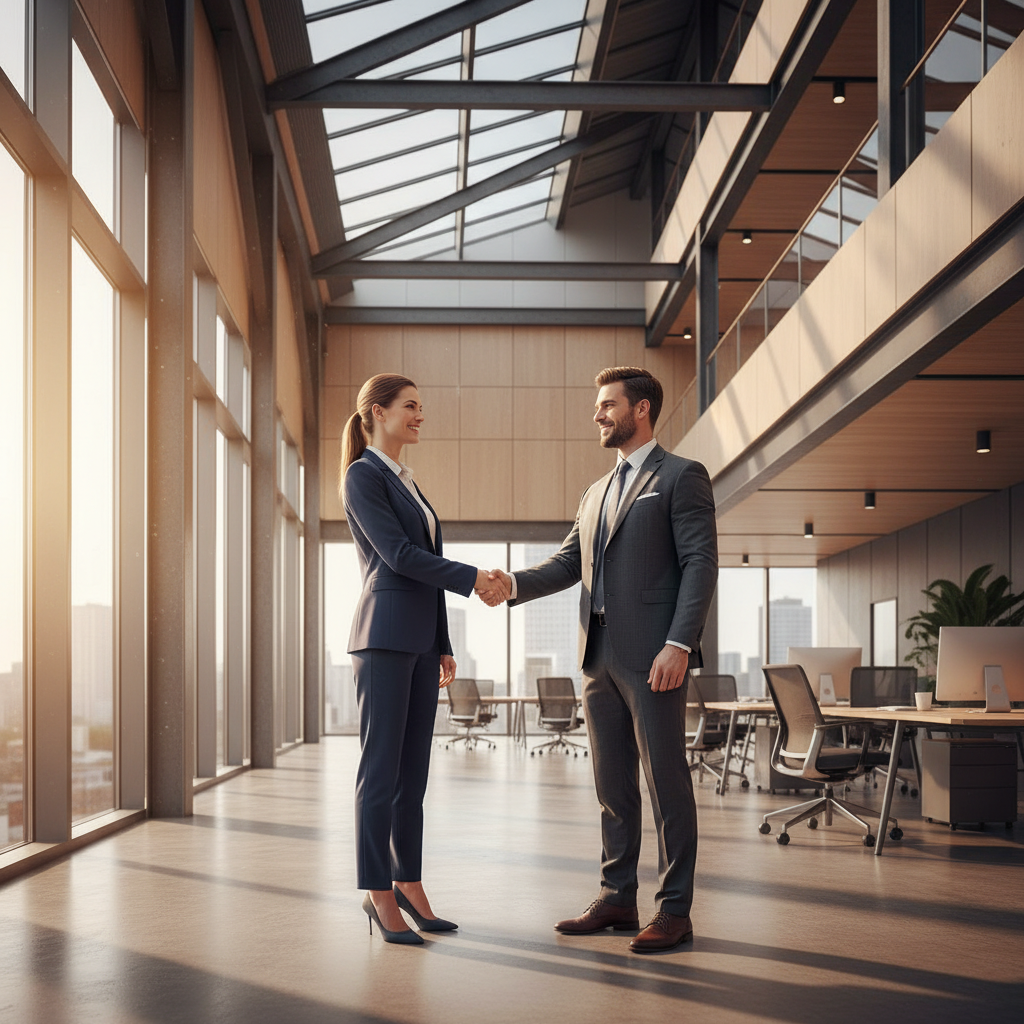 Two business leaders shaking hands in a modern architectural building, sunlight streaming through windows, professional and optimistic atmosphere, no text, 4:3