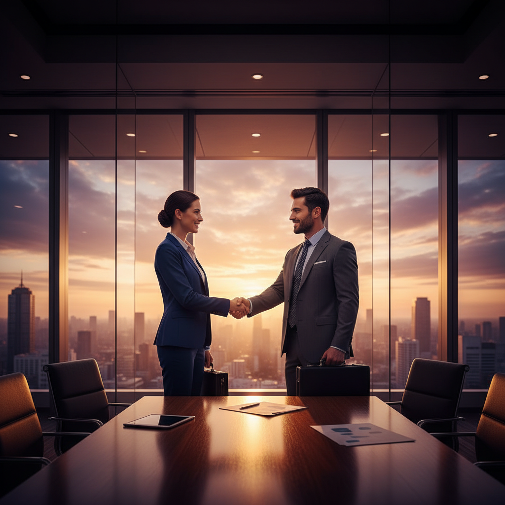 Two professional business people shaking hands in a modern glass-walled office, sunrise light through windows, lifestyle photography, rich colors, no text
