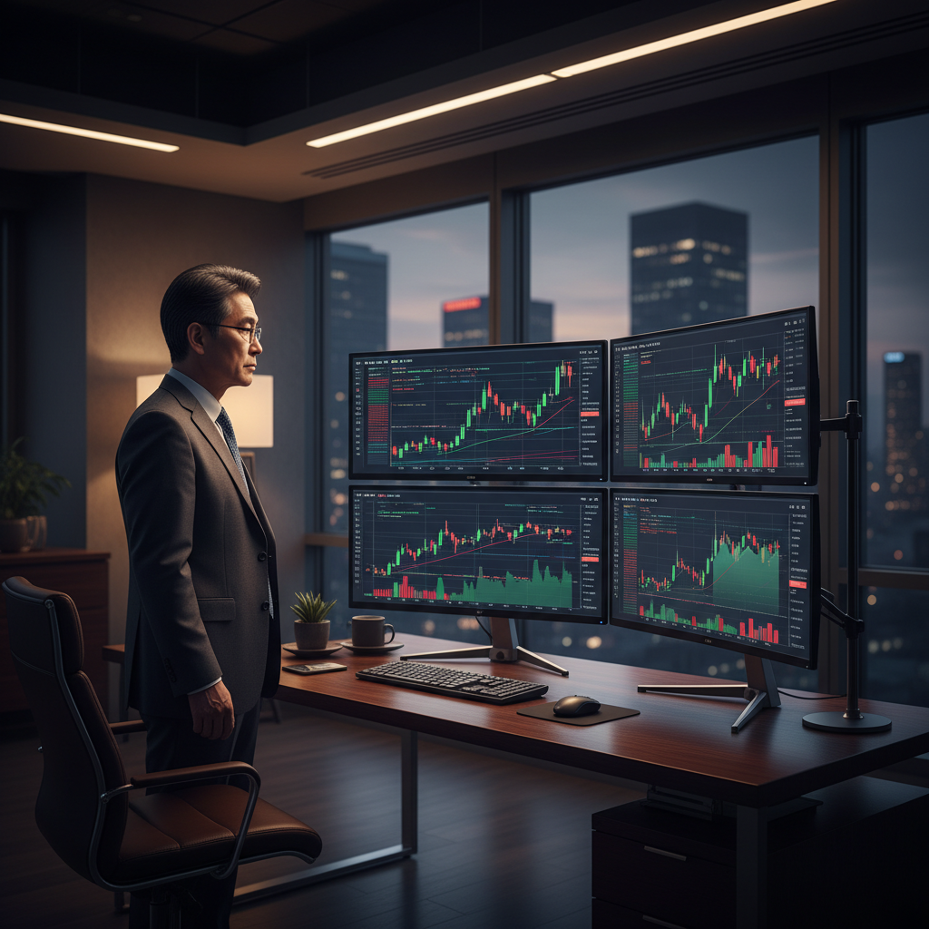 A professional Korean male investor looking at stock market charts on multiple monitors in a modern office, warm lighting, high contrast, clean layout, no text