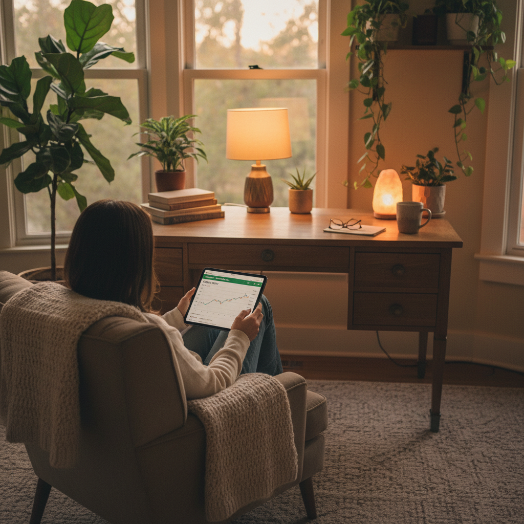 A cozy home office with a person looking at a tablet showing financial news, warm evening lighting, indoor plants, comfortable atmosphere, lifestyle photography, no text