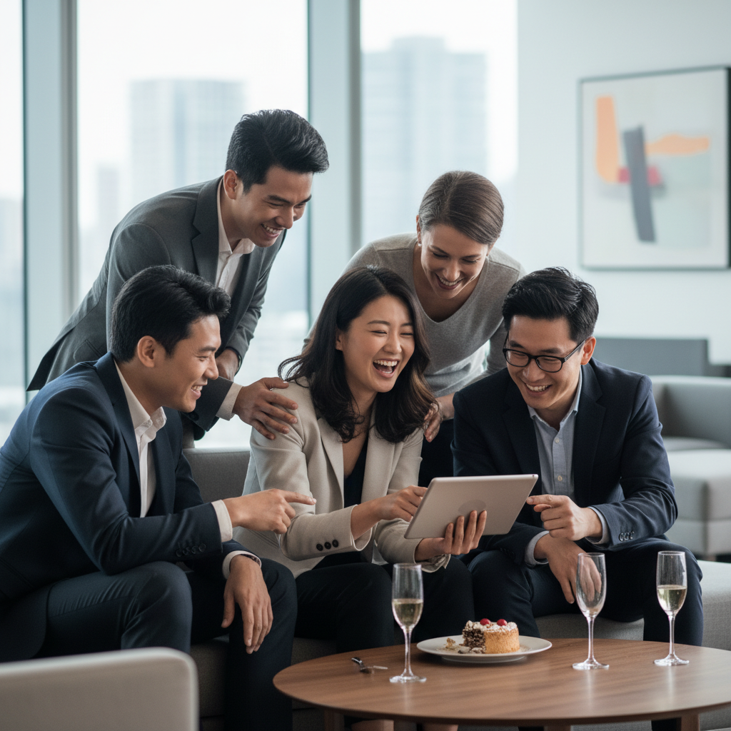 A group of diverse professionals having a small celebration in a modern lounge, looking at a tablet together with smiles, soft focus background, natural lighting, Korean appearance included, no text