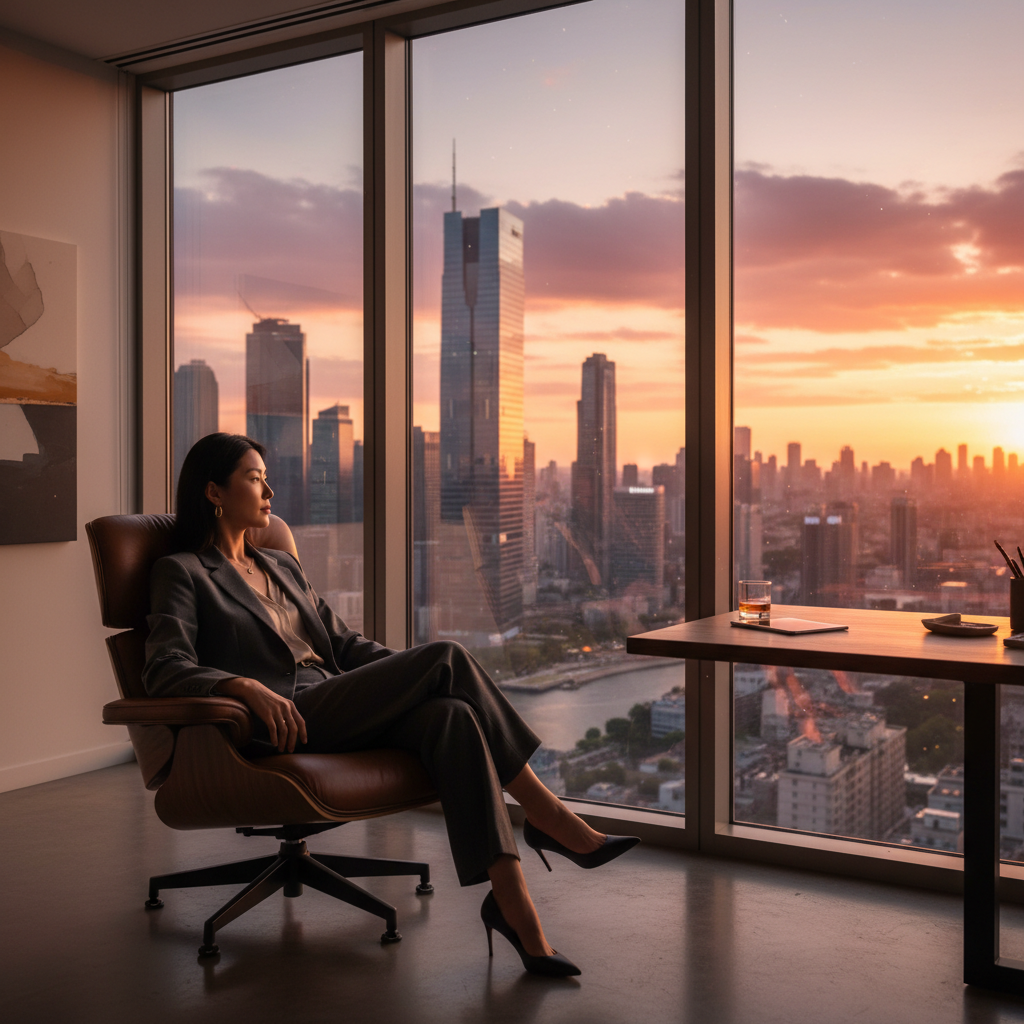 A successful young entrepreneur sitting in a modern high-end office looking out a large window at a city skyline, warm sunset lighting, cinematic atmosphere, high quality photography, no text