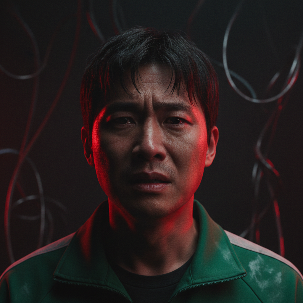 A Korean man, Seong Gi-hun, looking deeply conflicted and regretful, illuminated by a harsh, red light, in a dystopian game setting, cinematic lighting, dark background, no text, centered focus, natural expression