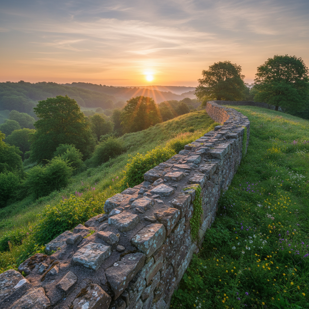 Sun rising over a distant stone wall with lush green surroundings, bright and balanced lighting, serene atmosphere, rich textures, no text