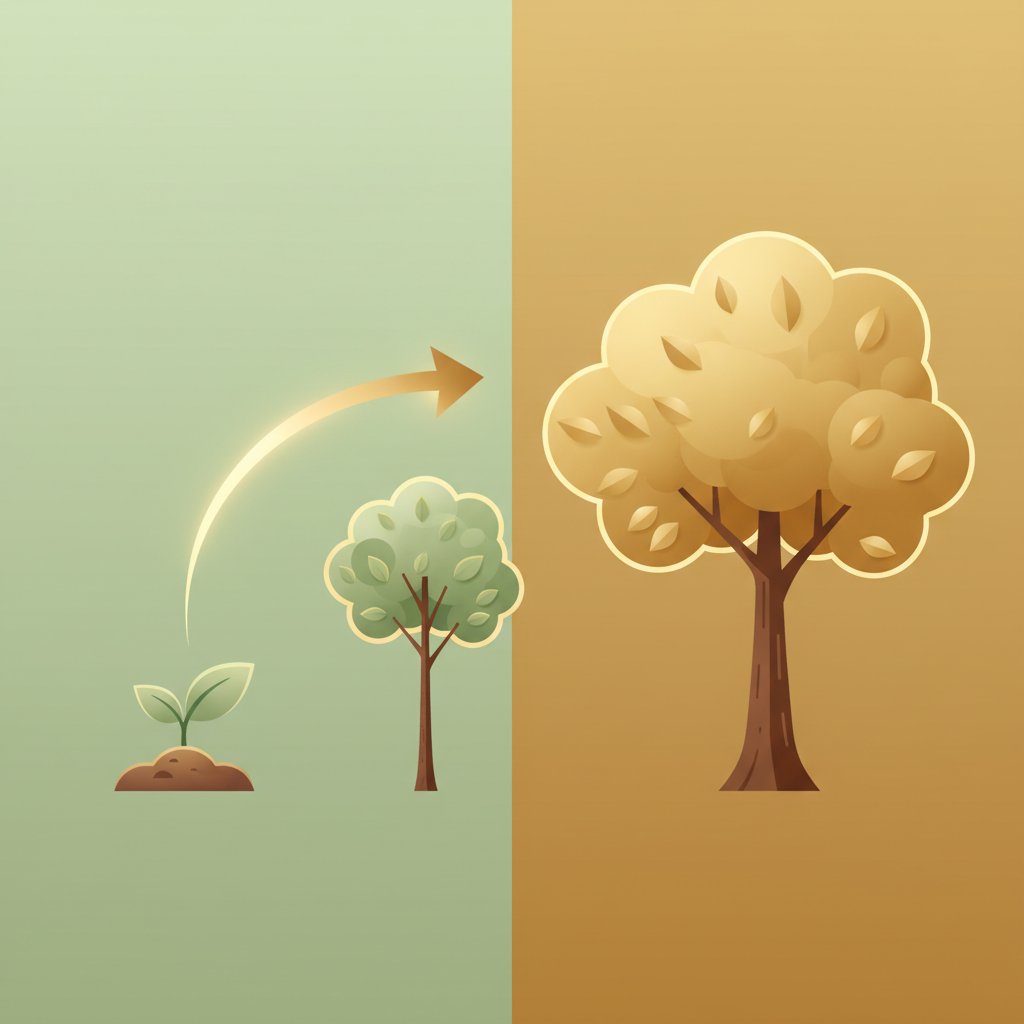 A clean infographic style image showing a seedling growing into a sturdy tree with golden leaves, modern layout, high contrast, soft green and gold tones, no text