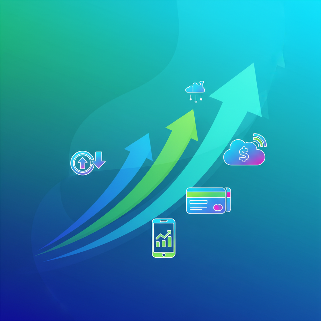 Clean infographic style illustration showing upward growth trends and digital finance icons, vibrant gradient background with deep blues and greens, professional layout, no text