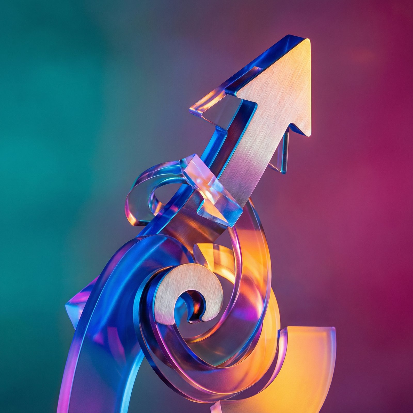 Abstract concept of growth and success, vibrant upward moving shapes, modern and clean layout, high contrast, colored gradient background, no text, 1:1