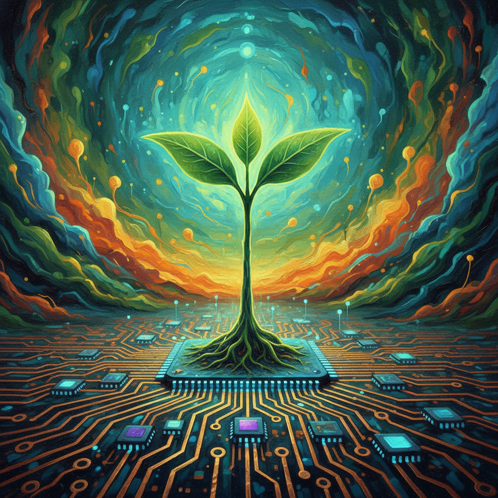 A visual metaphor for business growth showing a green sprout emerging from a tech circuit board, vivid colors, textured background, artistic rendering, no text