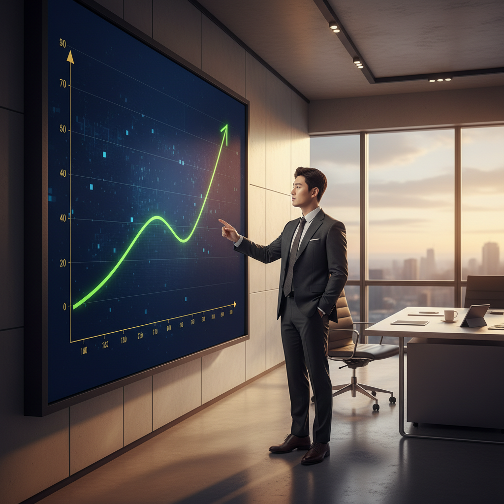 A professional investor looking at a rising growth trend on a large screen in a modern office, warm lighting, Korean male appearance, clean composition, 4:3, no text
