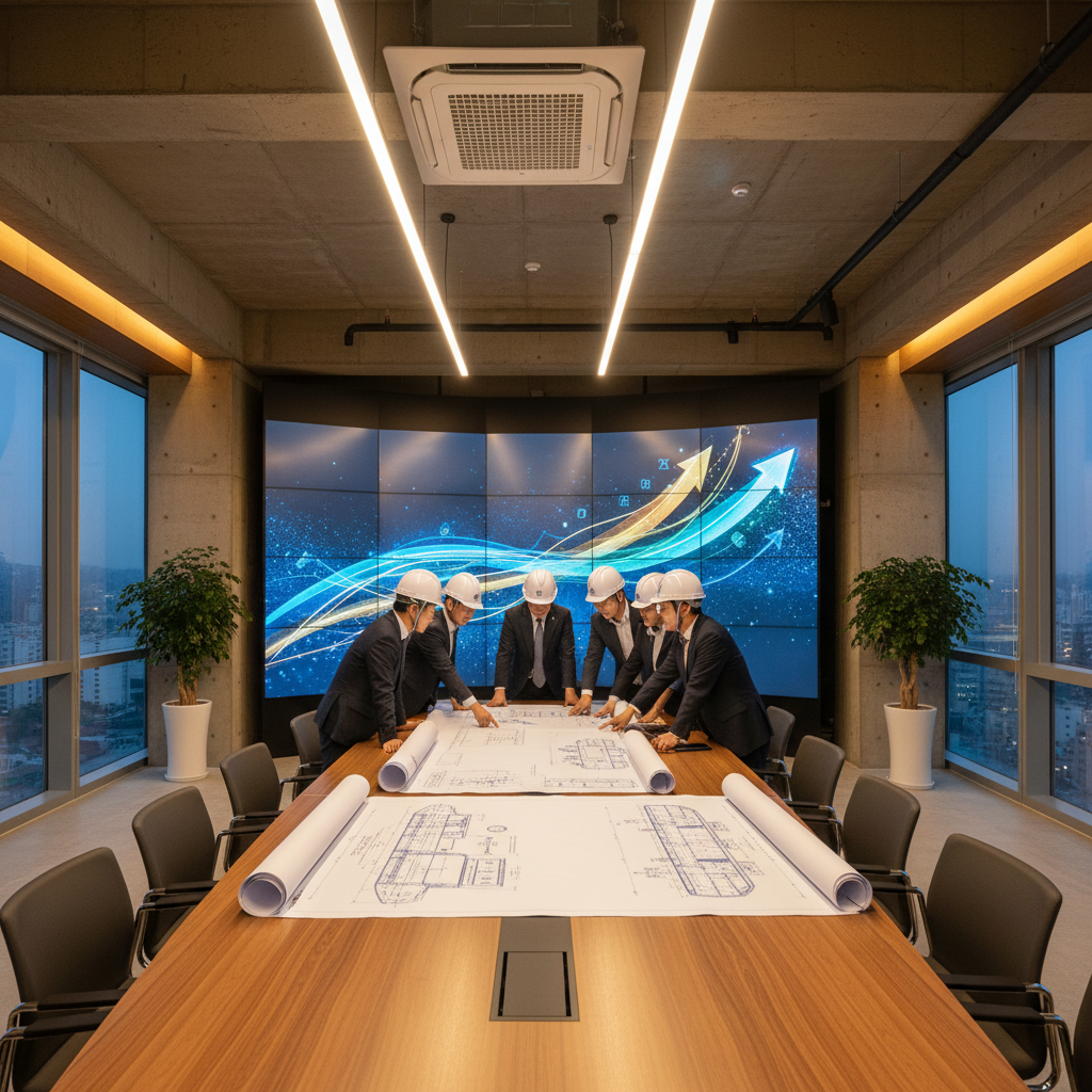 A professional Korean business setting with a focus on maritime engineering blueprints and digital displays showing growth, warm indoor lighting, detailed composition, no text