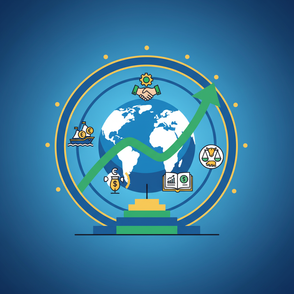 An infographic-style illustration depicting global economic stability and growth without major disruptions, with symbols of trade and healthy financial markets. Style: clean infographic, modern layout, high contrast. No text.