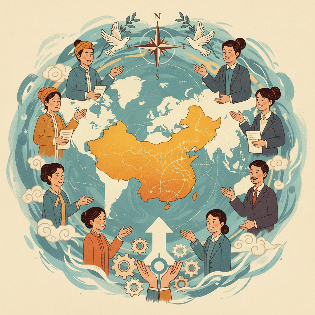 illustration, artistic rendering, textured background, a global map with China at its center, surrounded by international figures engaging in diplomatic dialogue and cooperation, symbolizing a positive and responsible role in international relations, bright and balanced lighting, centered focus. No visible text in image. If UI elements needed, English-only minimal text. Never use Korean characters.